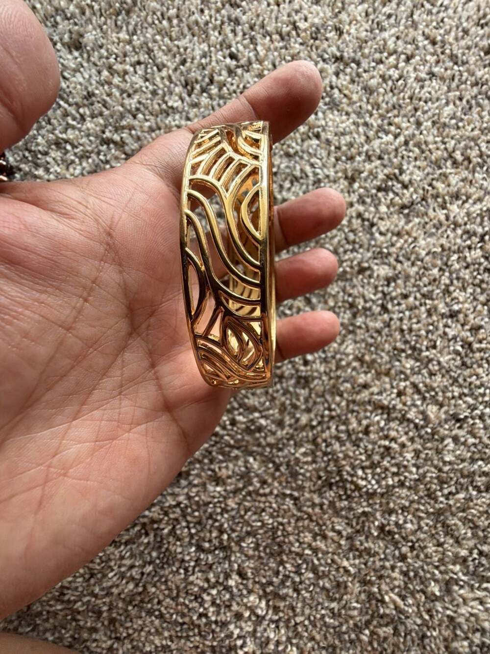 Gold Tone Rhinestone Embellished Cutwork Hinged Cuff Bracelet